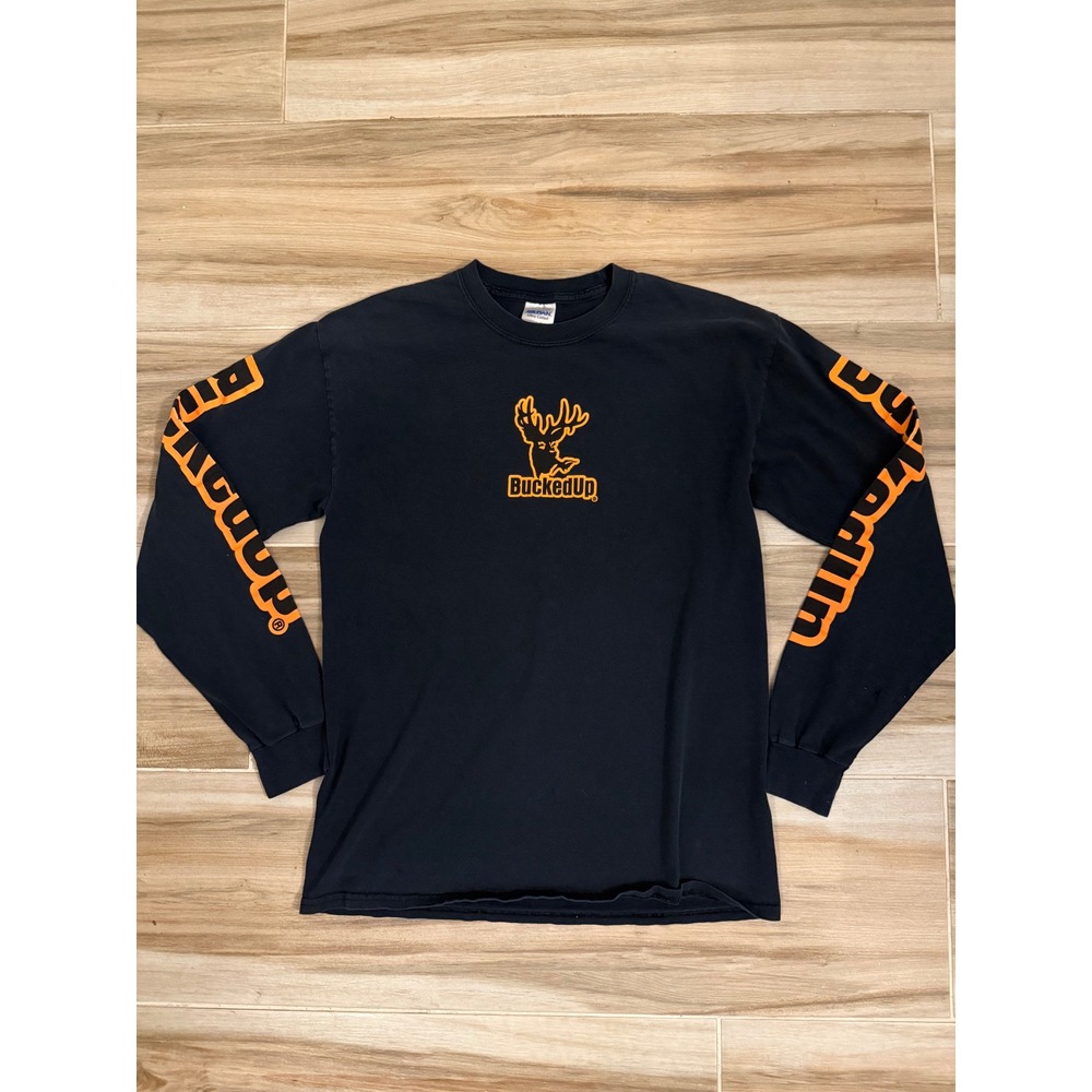 BuckedUp Long Sleeve Shirt Mens Medium Black Orange Deer Logo Graphic Tee Gildan